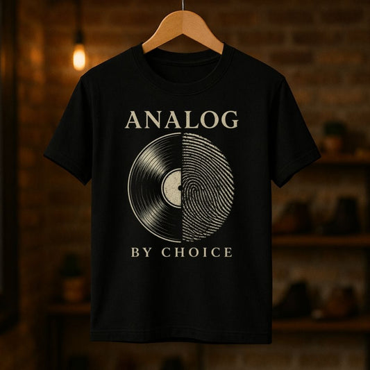 Black t-shirt with vinyl record design and 'Analog by Choice' text on a wooden hanger against a brick wall.