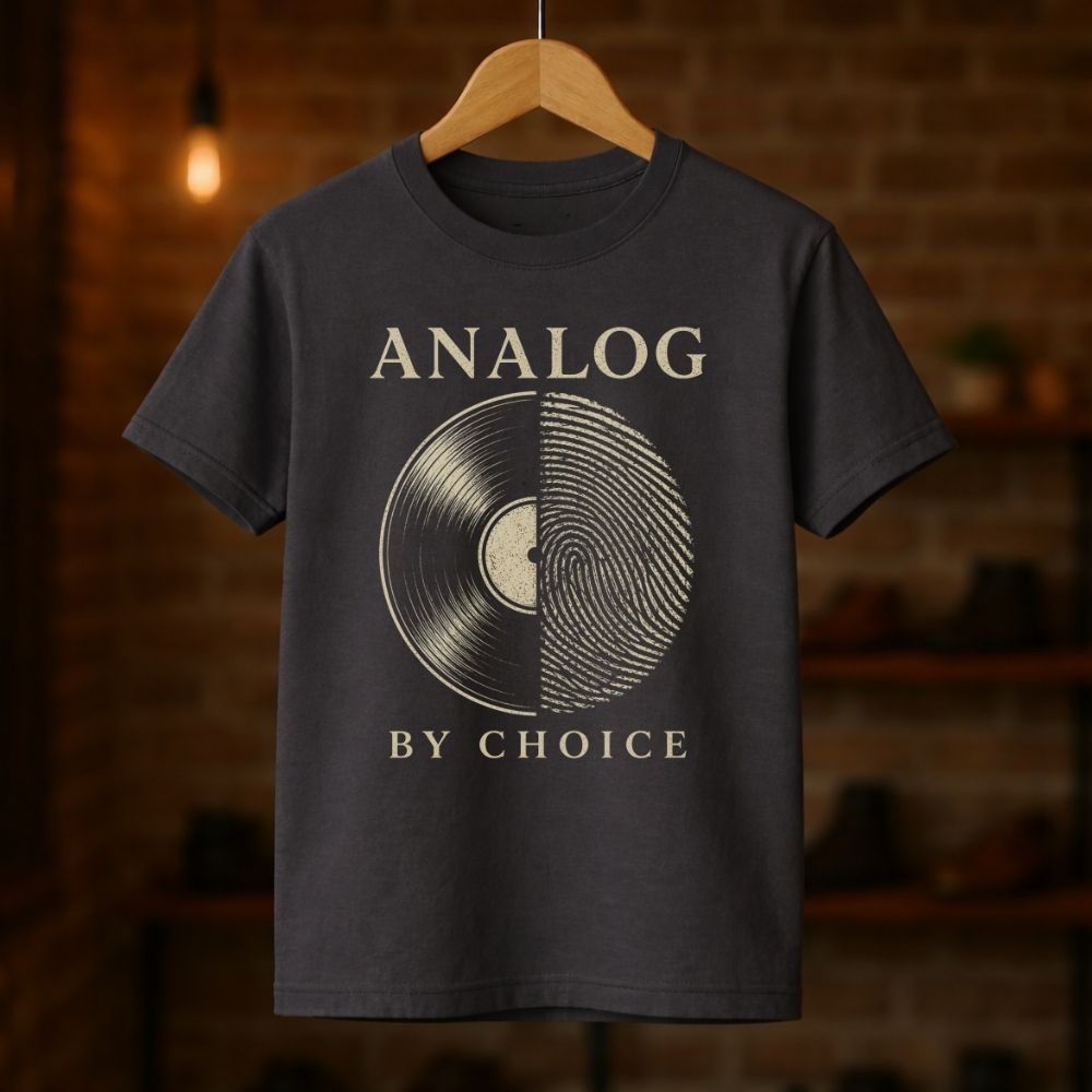 Black t-shirt with vinyl record design and 'Analog by Choice' text on a wooden hanger against a brick wall background.