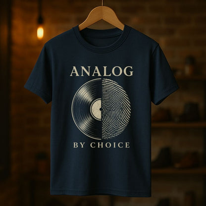 Navy blue t-shirt with vinyl record design and 'Analog by Choice' text on a wooden hanger against a dark background.