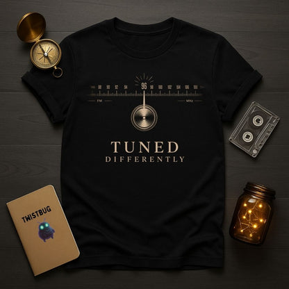 Black t-shirt with 'Tuned Differently' design on a wooden surface with decorative items.
