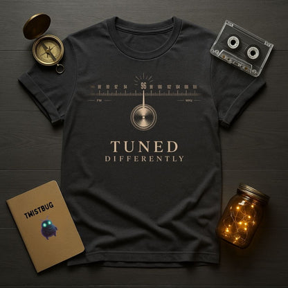 Black t-shirt with 'Tuned Differently' design on a wooden surface with vintage items.