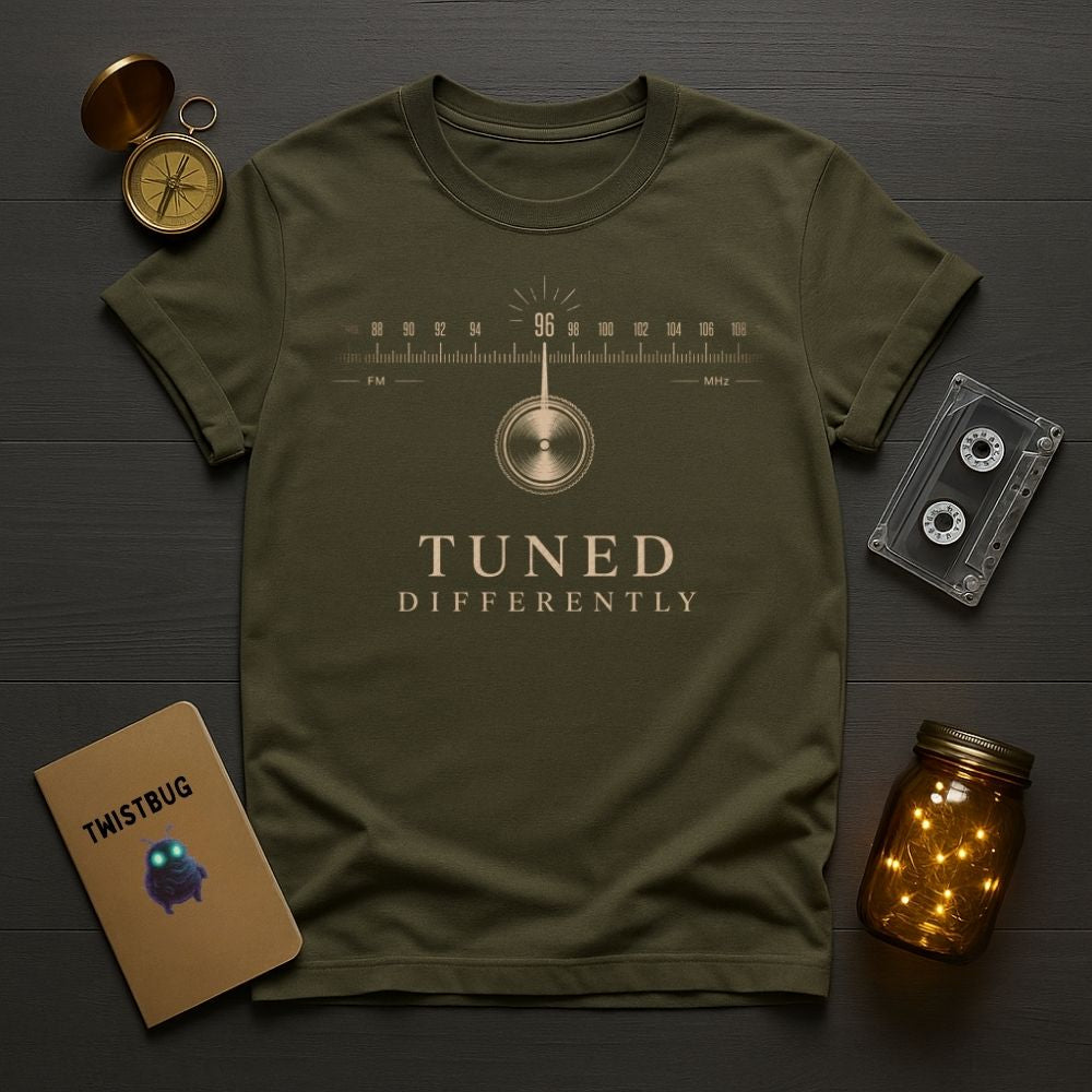 Green t-shirt with 'Tuned Differently' design on a wooden surface with vintage items.