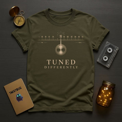 Green t-shirt with 'Tuned Differently' design on a wooden surface with vintage items.