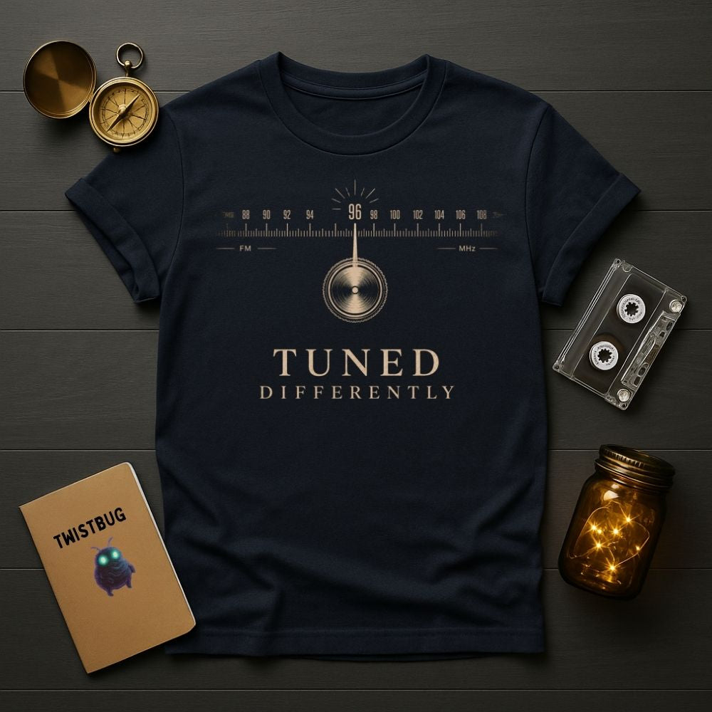 Navy blue t-shirt with 'Tuned Differently' design on a wooden surface with vintage items.