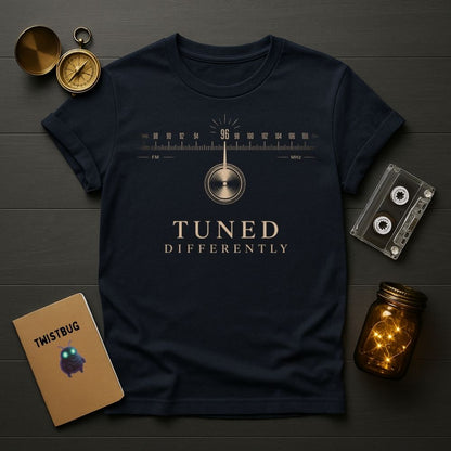 Navy blue t-shirt with 'Tuned Differently' design on a wooden surface with vintage items.