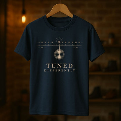 Navy blue t-shirt with 'Tuned Differently' design on a wooden hanger against a dark background