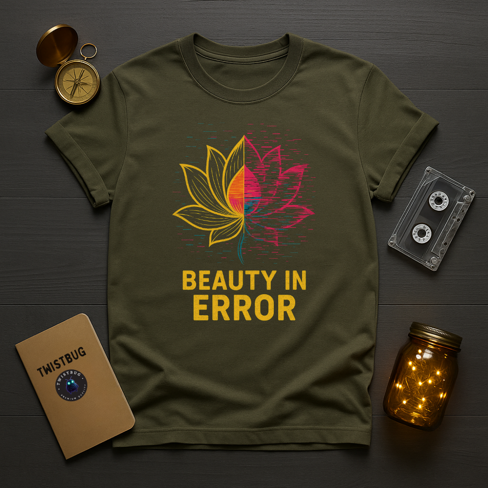 Military green tee with cyber-zen lotus design