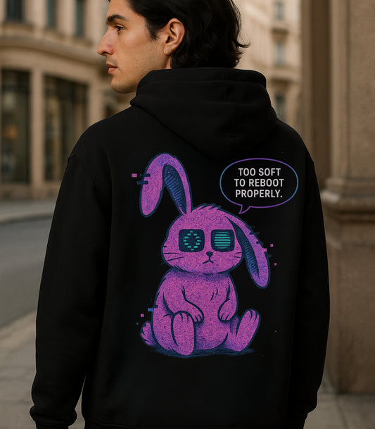 "Too Soft to Reboot" Glitch Bunny Hoodie – Cybercore Plush Goth Aesthetic