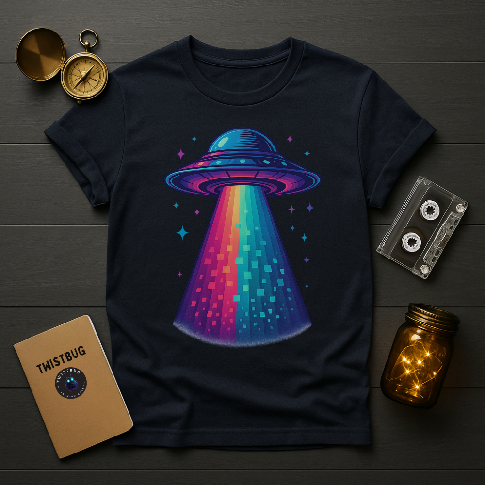 “Neon UFO beaming a rainbow pixel light—retro synthwave space graphic on a navy unisex t-shirt.”