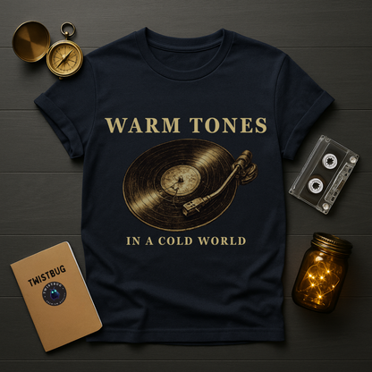 Black t-shirt with vinyl record design and text on a wooden surface with vintage items.