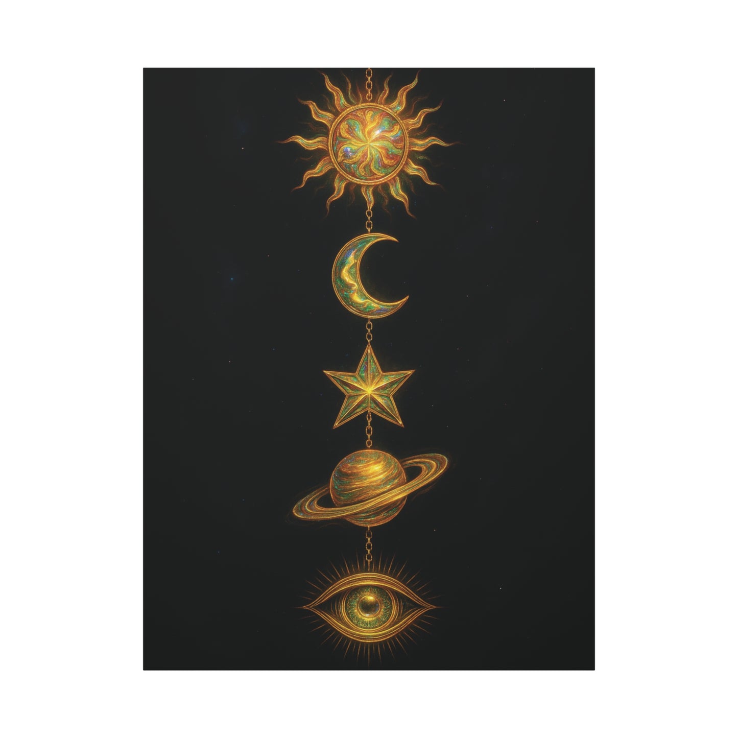 Celestial Cascade Wall Art – Sun Moon Star Planet Eye Print