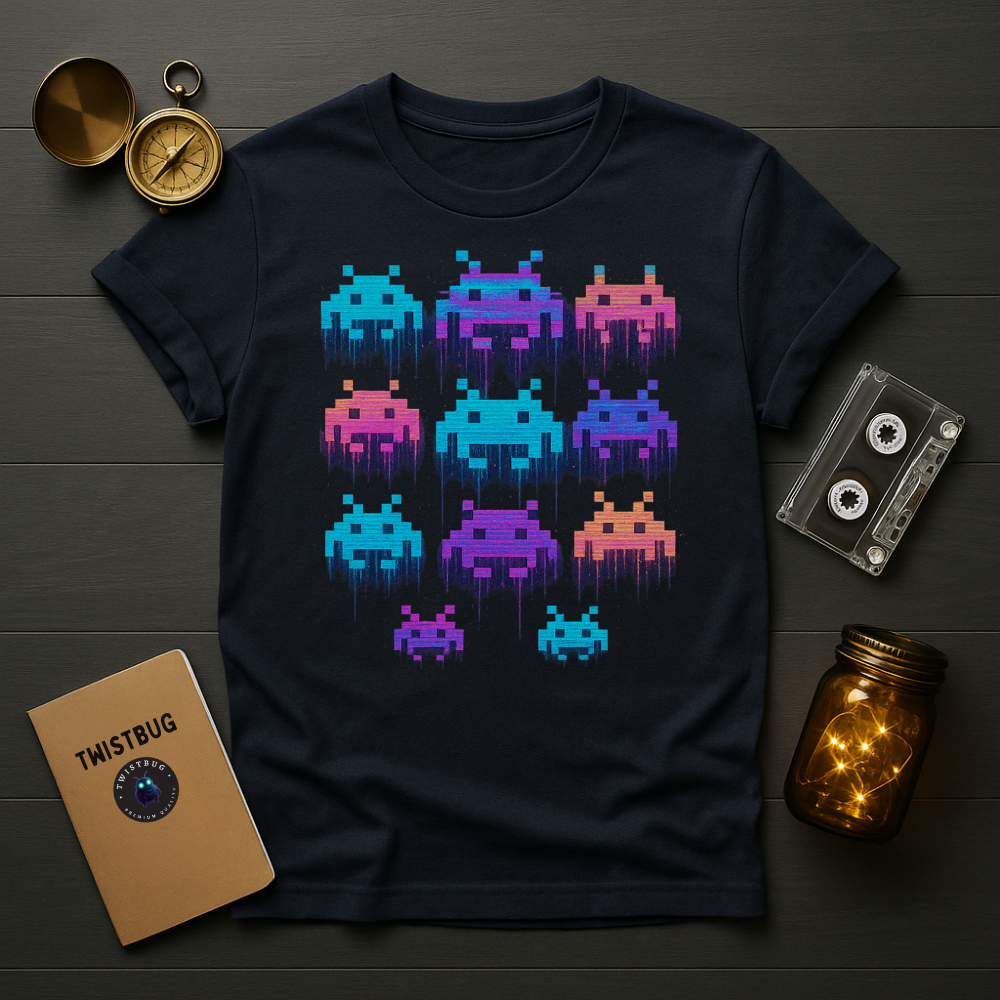 Navy T-shirt showing retro arcade aliens in blue/purple/magenta