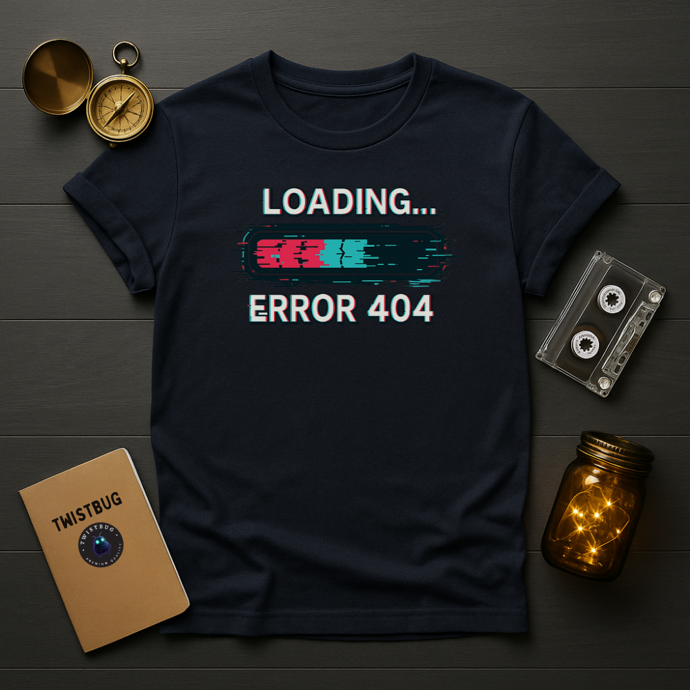 Navy T-shirt with “Loading… Error 404” and neon glitch progress bar