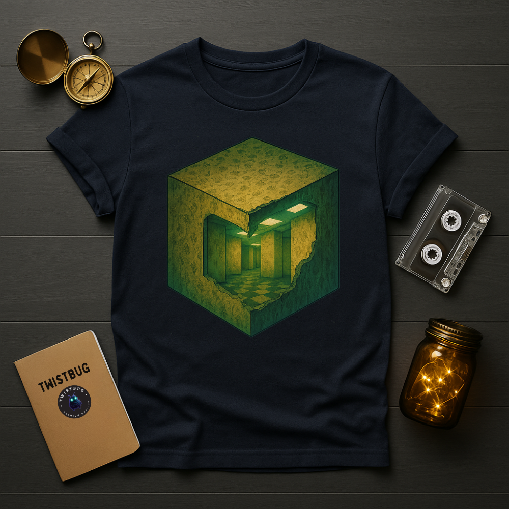 Navy T-shirt with liminal cube illusion graphic