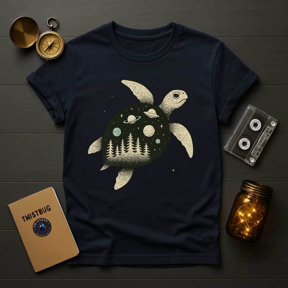 Navy T-shirt showing vintage speckled turtle galaxy graphic