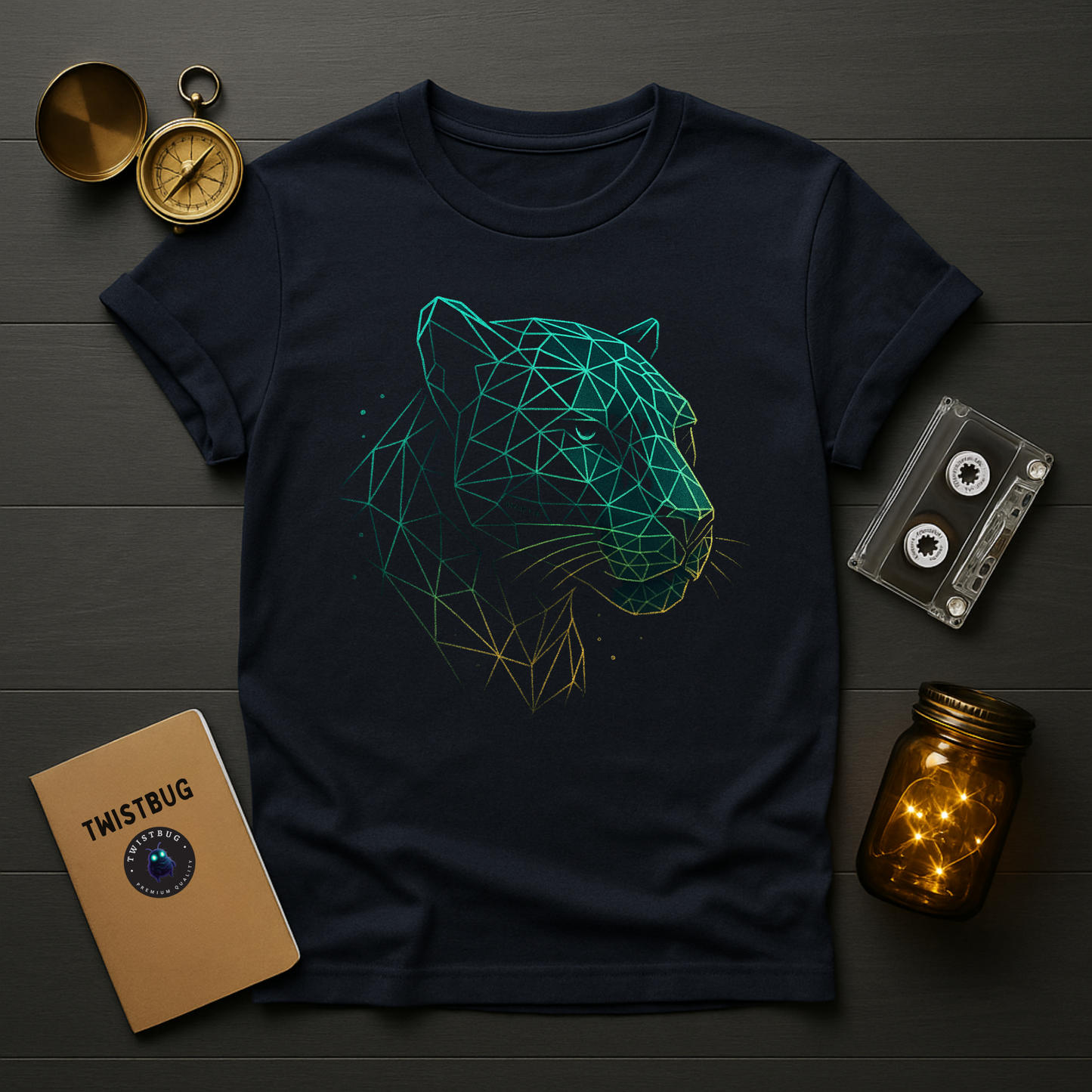 Navy streetwear tee with futuristic geometric panther print