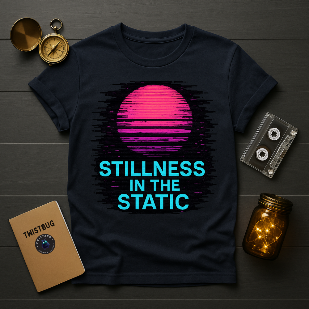 Navy tee with neon glitch sun and “Stillness in the Static” text
