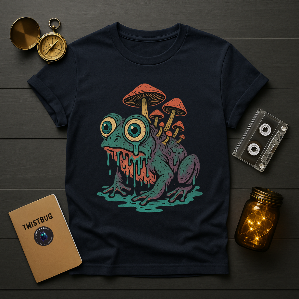 Navy T-shirt featuring surreal frog with mushrooms on its back