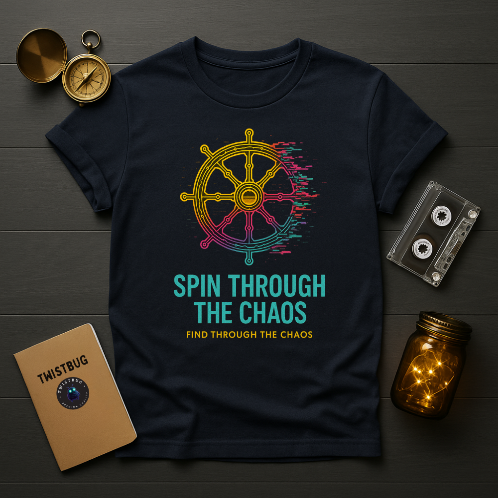 Navy T-shirt showing glitch helm graphic and teal typography