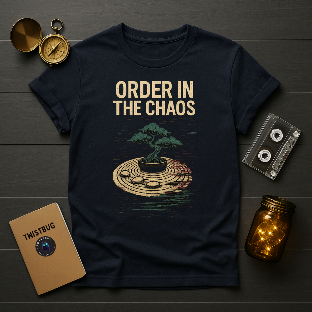 Navy T-shirt showing bonsai zen garden with glitch lines