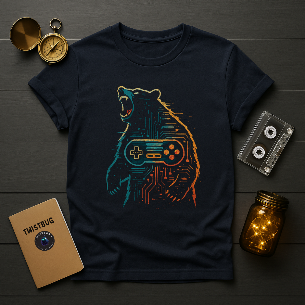 Navy T-shirt showing cyber bear gamer graphic