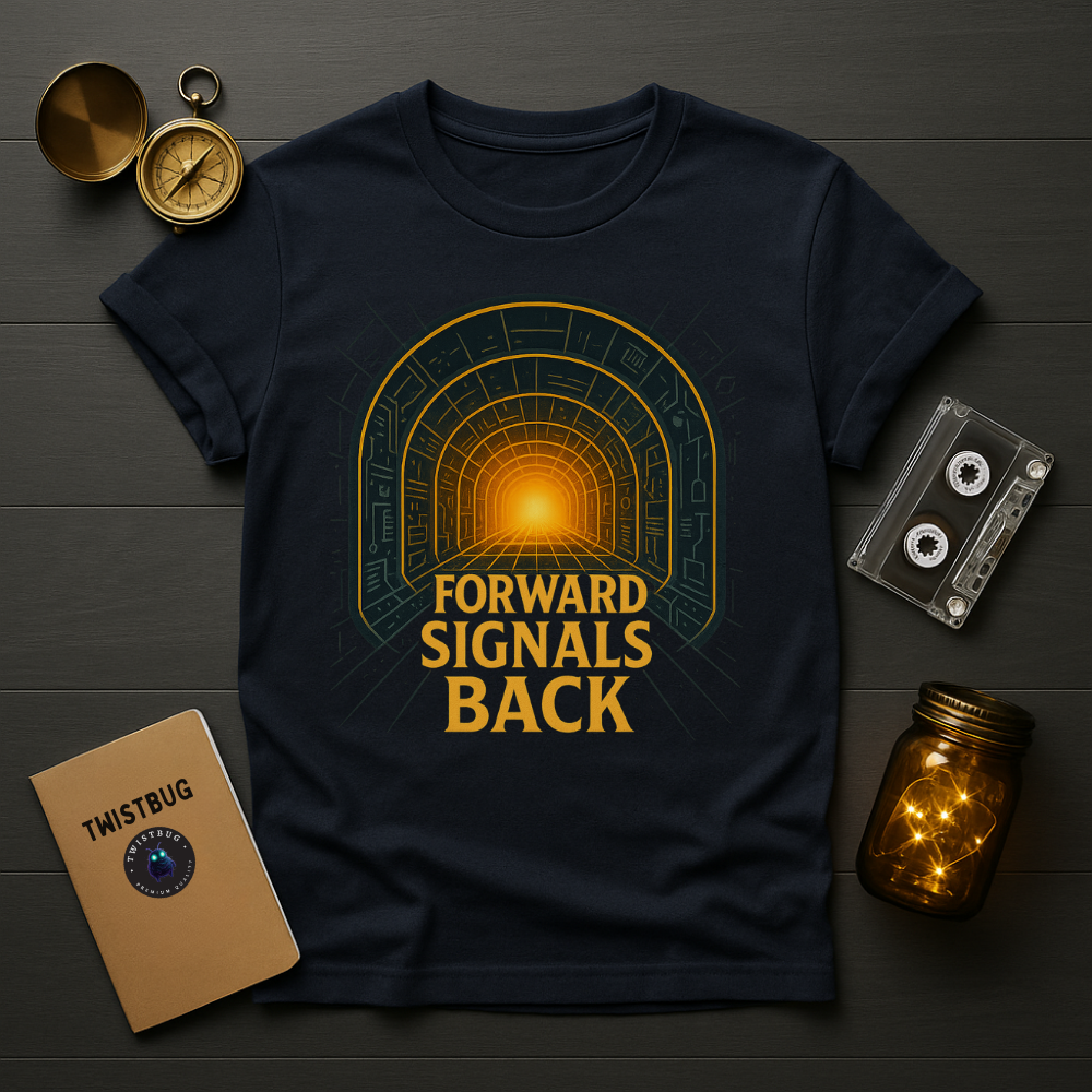 Navy T-shirt showing retrofuturistic arch and circuitry rays
