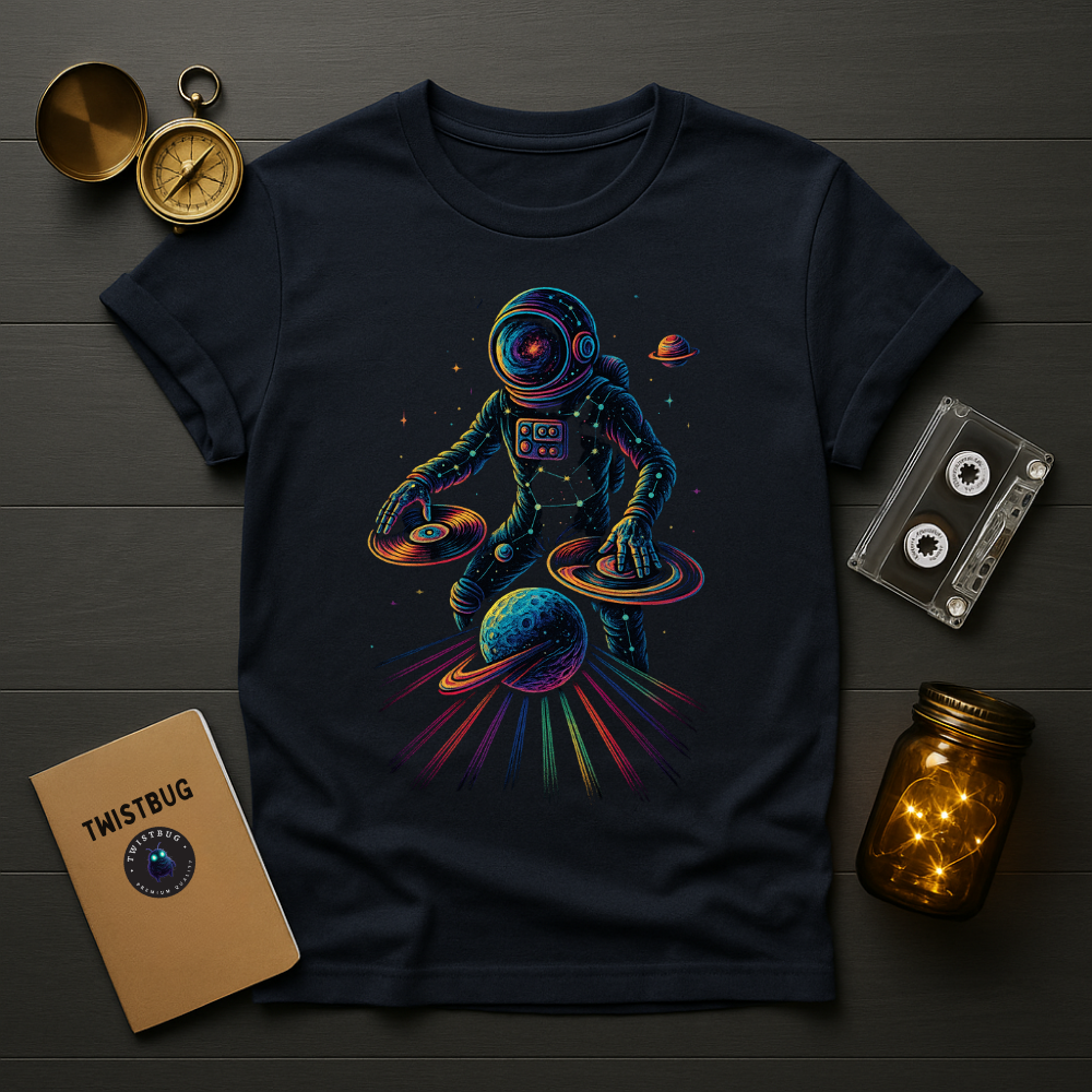 Navy T-shirt with space DJ astronaut and glowing planet “records”