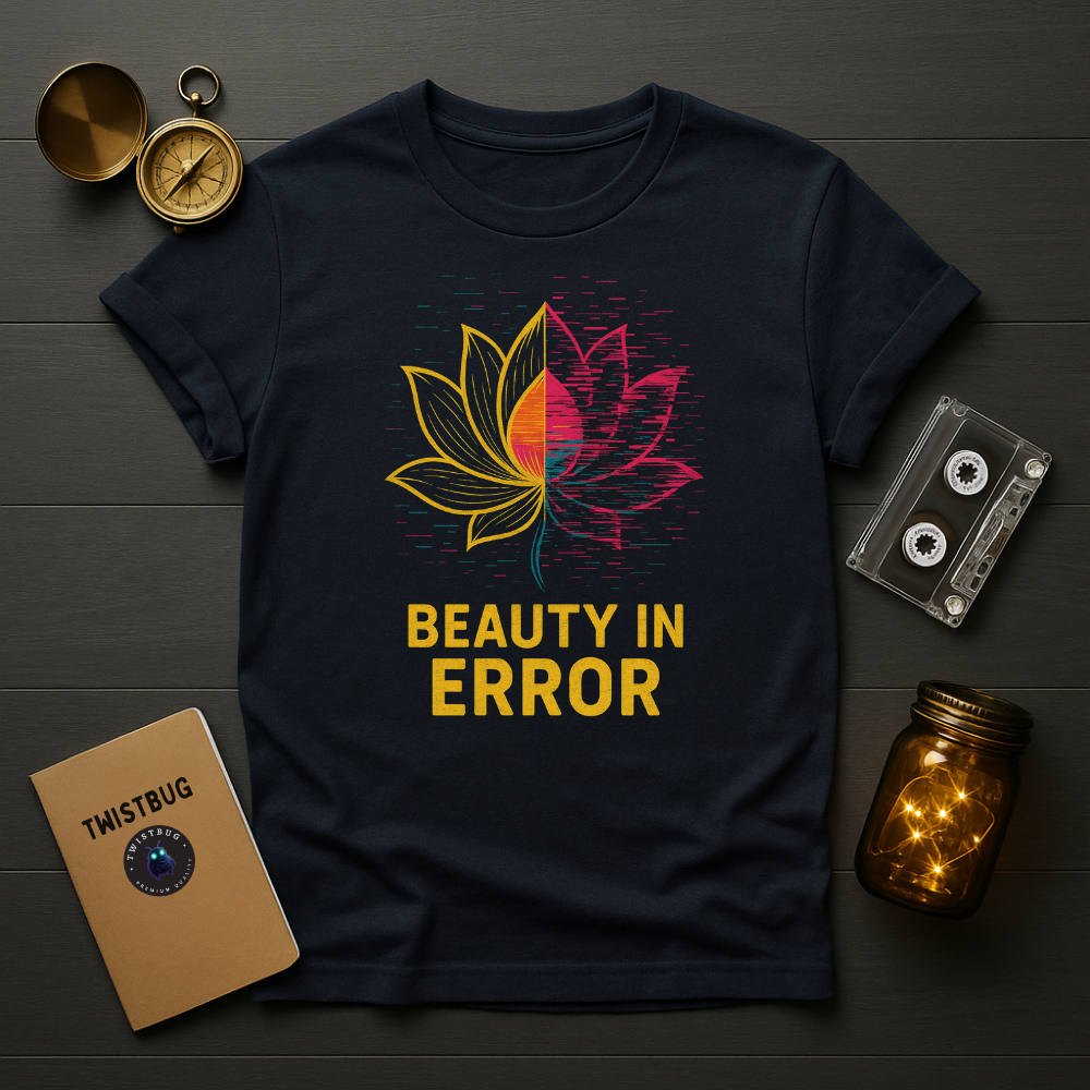 Navy T-shirt showing gold line lotus with neon glitch half