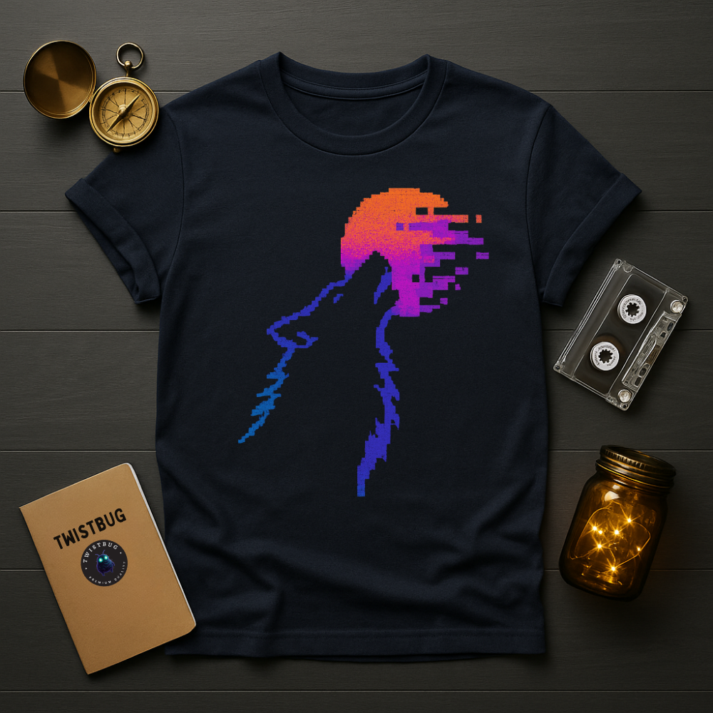 Navy T-shirt with pixel wolf and magenta-orange sun trail