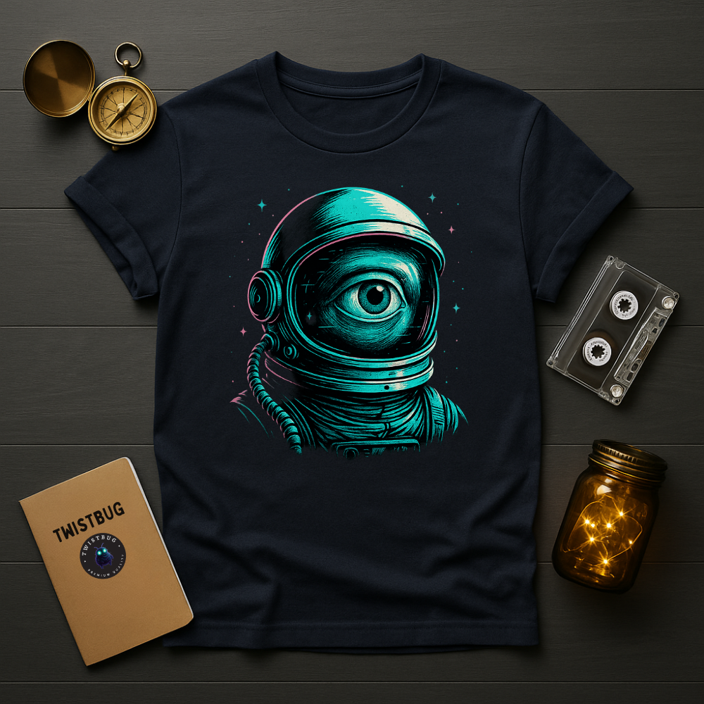 Navy T-shirt featuring one-eyed astronaut in teal highlights