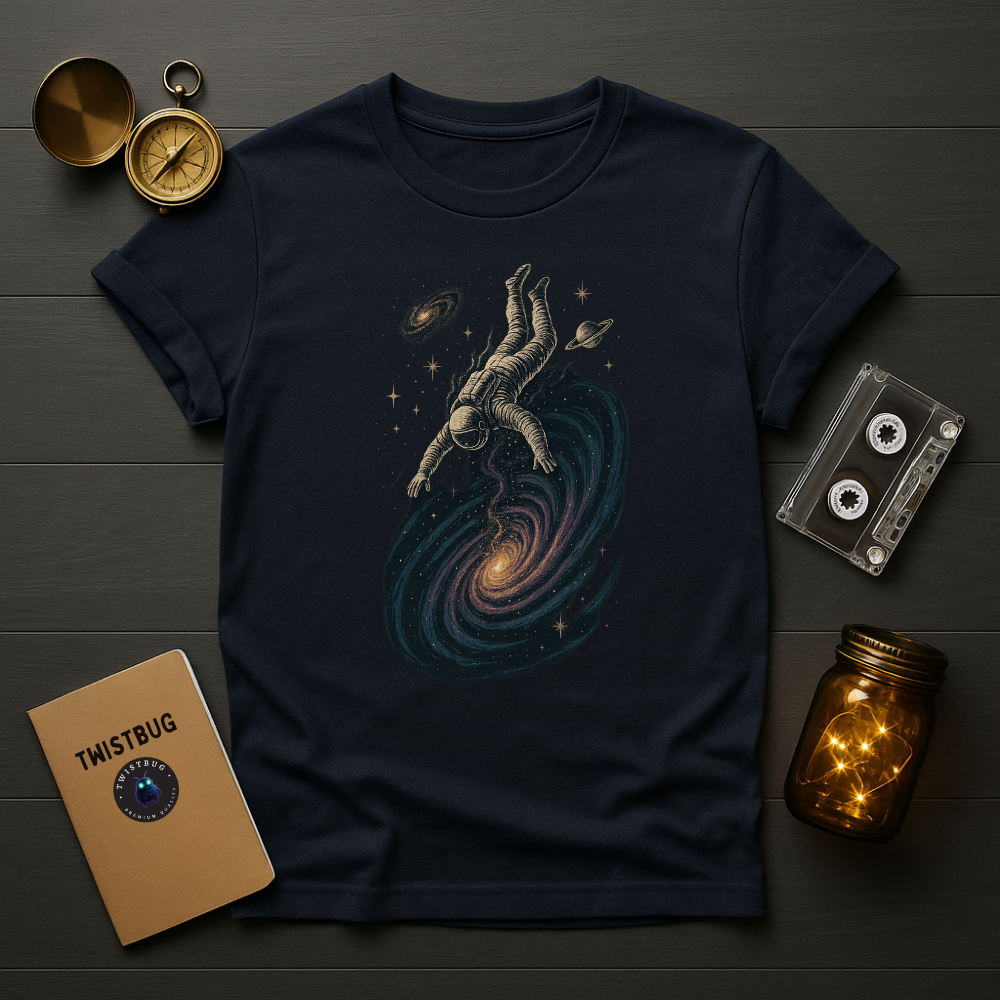 “Navy version of Falling Through the Galaxy T-shirt by Twistbug — cosmic astronaut falling through a colorful galactic vortex.”