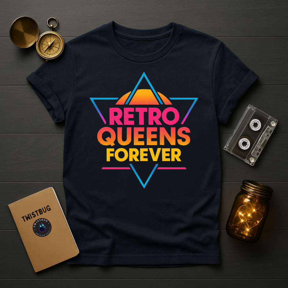 Navy T-shirt, retro 80s gradient text inside triangle