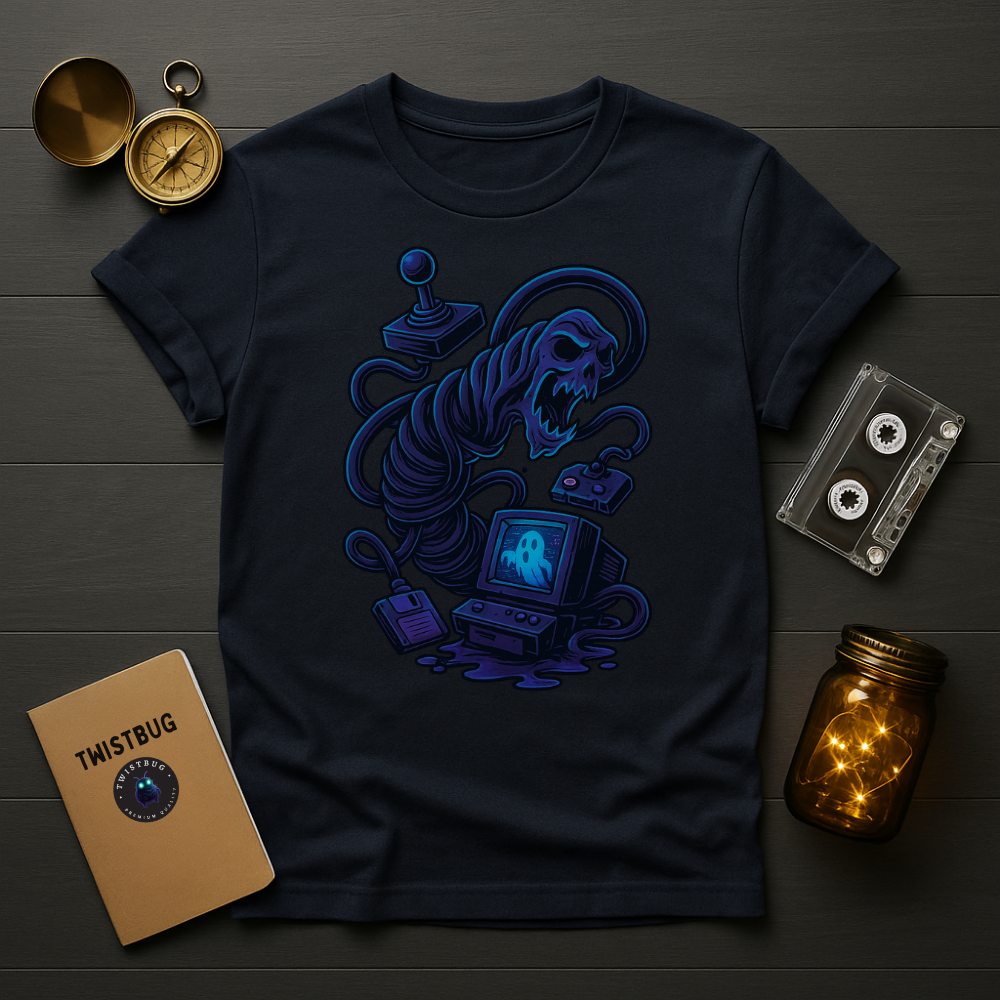 Navy T-shirt showing haunted CRT monitor and joystick in blue-purple tones