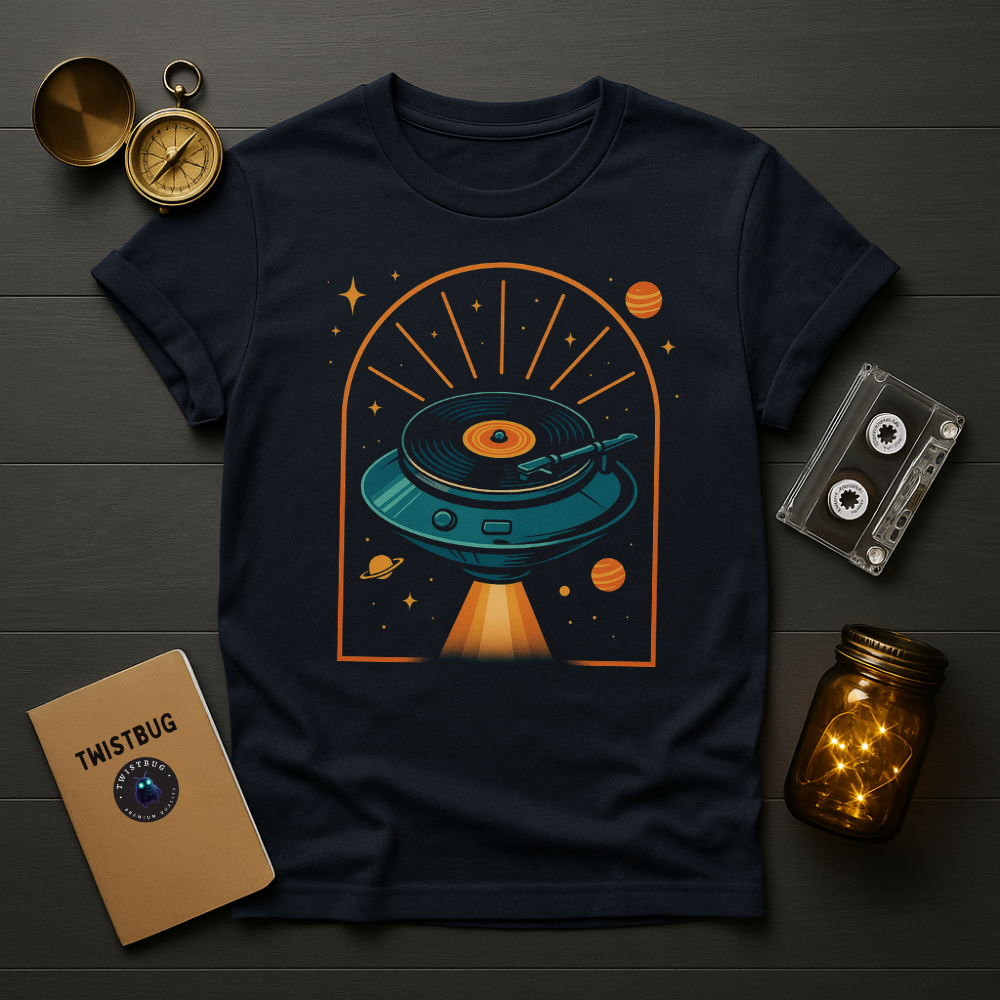 Space-age vinyl saucer illustration in teal and orange within arch frame