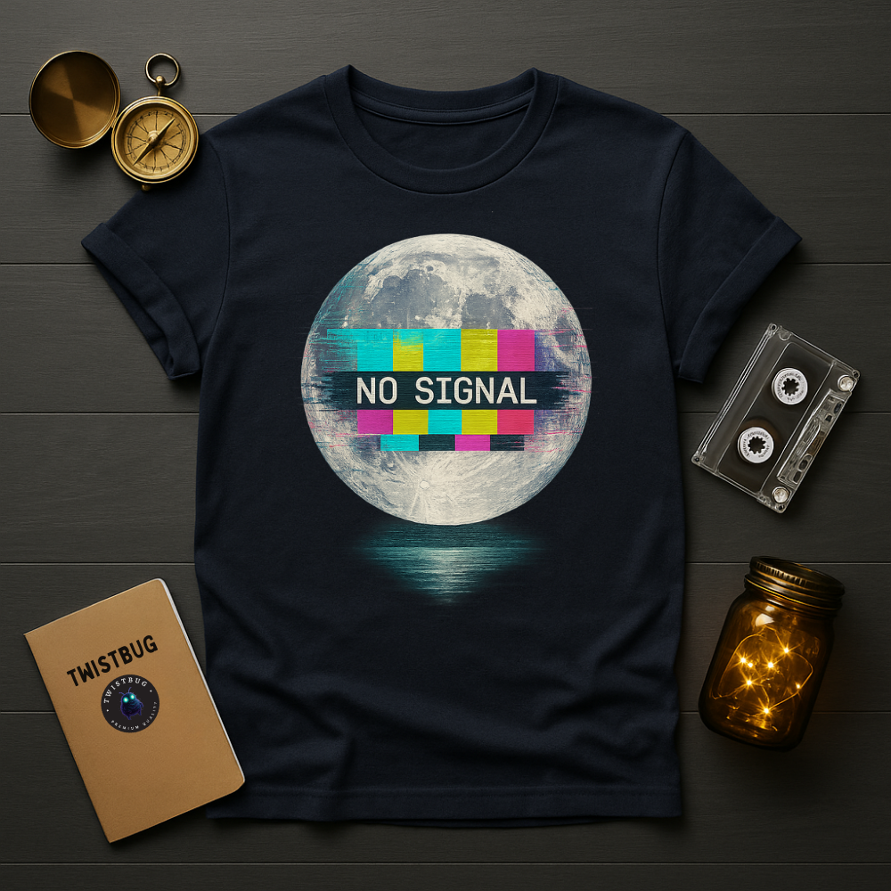 Navy T-shirt showing moon glitch graphic with reflection