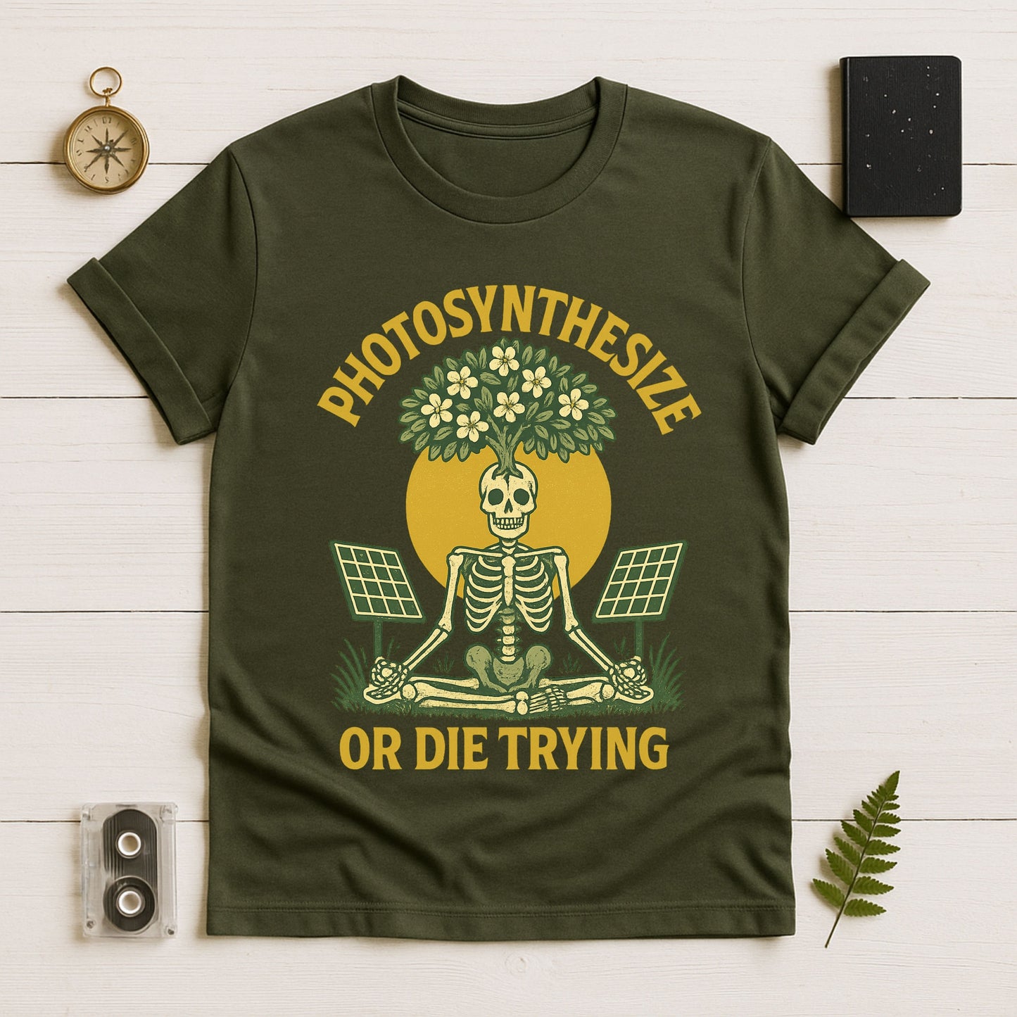 Photosynthesize or Die Trying T-Shirt – Botanical Skeleton, Solar Panels & Tree |  By Twistbug
