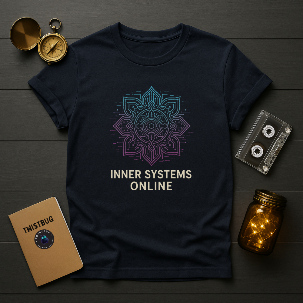 Navy t-shirt with gradient cyber mandala and text ‘Inner Systems Online’