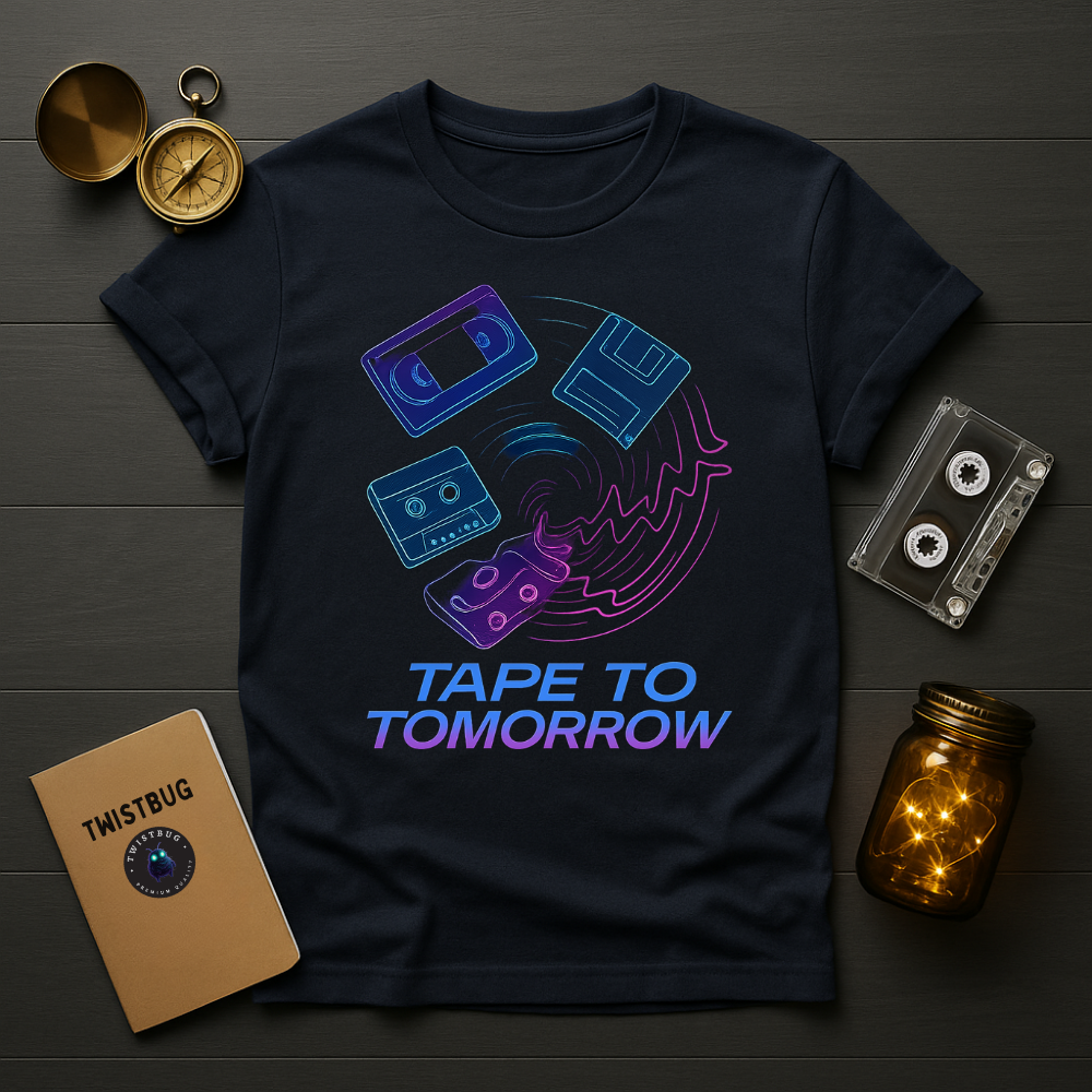 Navy tee with neon VHS, cassette, floppy swirl and “Tape to Tomorrow” text