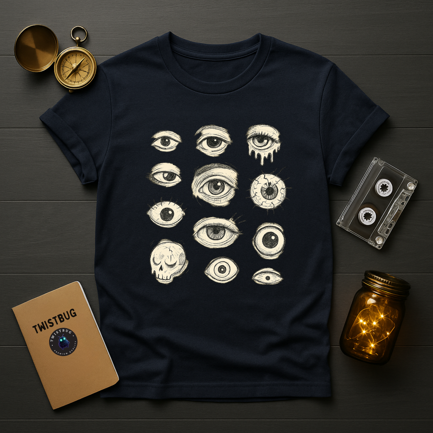 Navy unisex T-shirt featuring a cream hand-drawn grid of creepy eyeballs in a surreal, weirdcore style