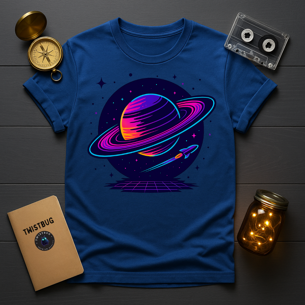 Royal blue tee with vaporwave Saturn design