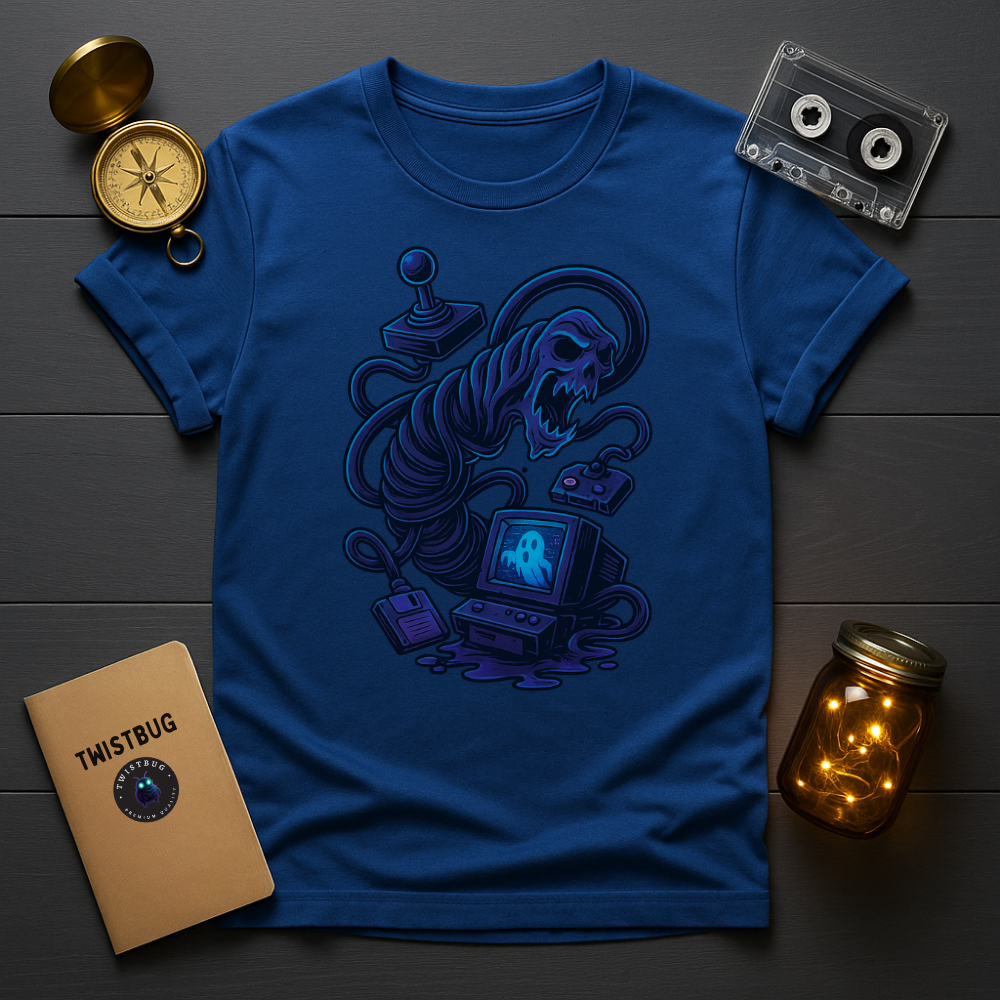 Royal blue tee with neon horror arcade graphic