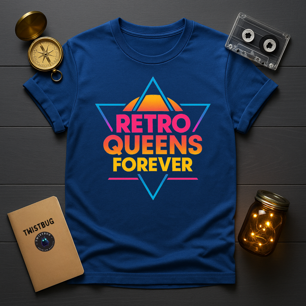 Royal blue tee with neon “Retro Queens Forever” design