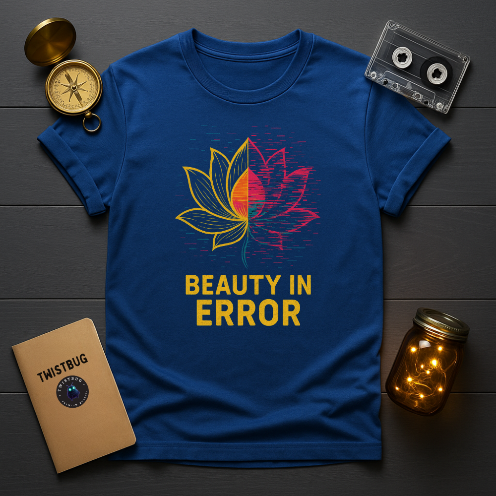 Royal tee with glitch lotus and gold text