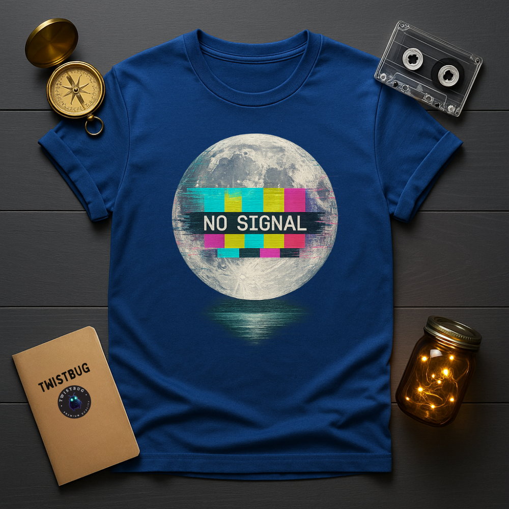 Royal blue tee with TV test bars over moon