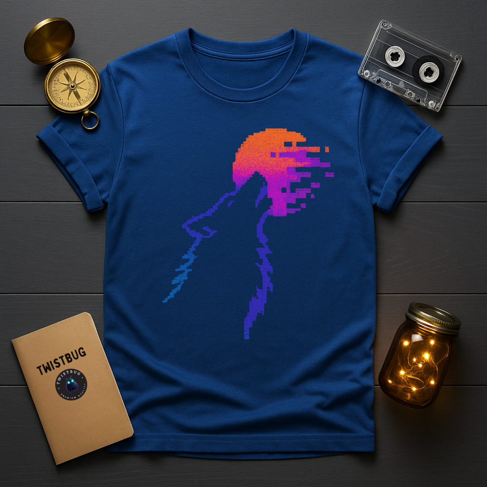 Royal blue tee with pixel sunset wolf graphic