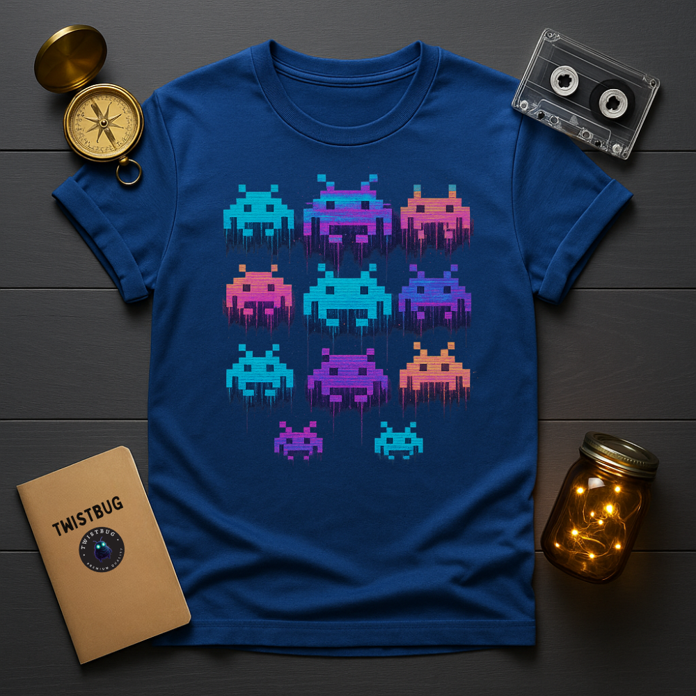 Royal blue tee with neon pixel invaders design