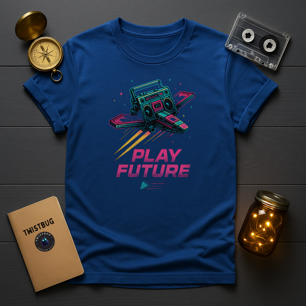 “Play Future graphic tee with neon rocket trails and retro typography”
