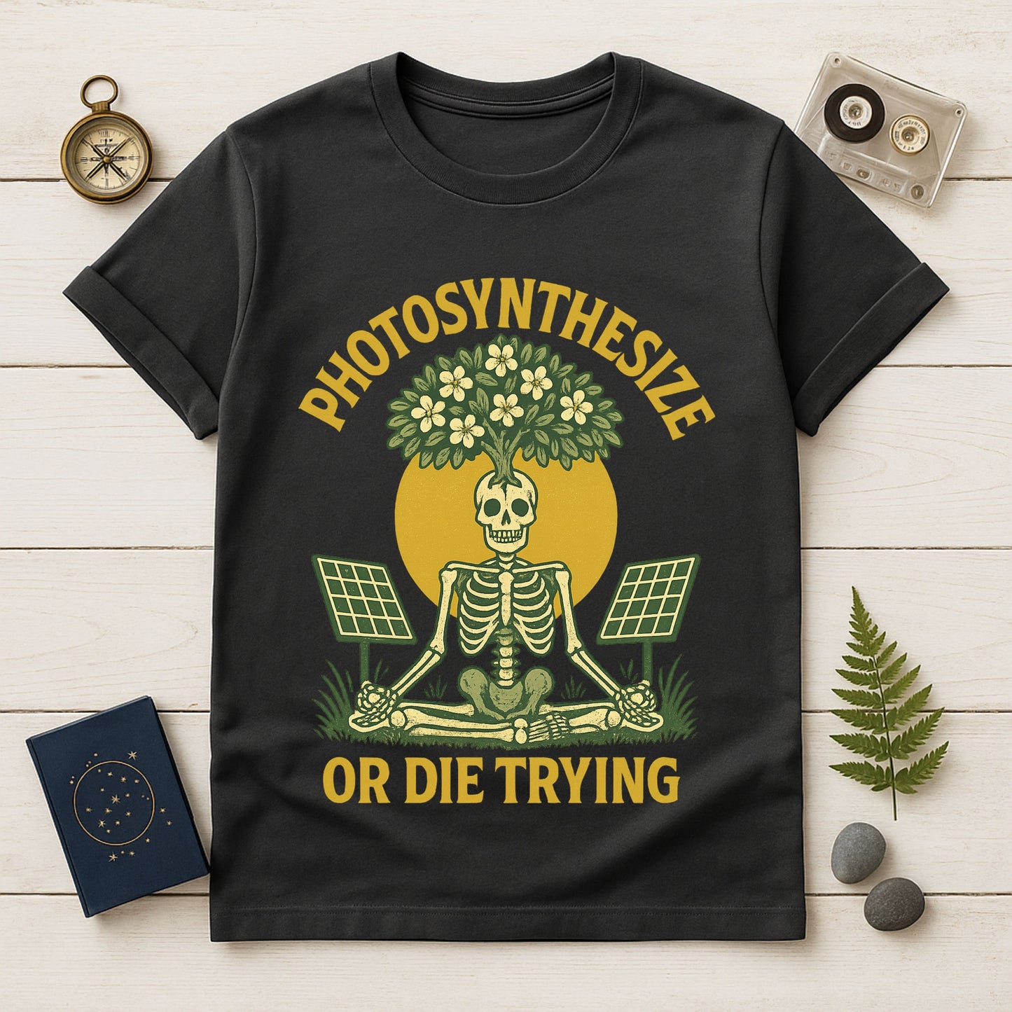 Photosynthesize or Die Trying T-Shirt – Botanical Skeleton, Solar Panels & Tree |  By Twistbug