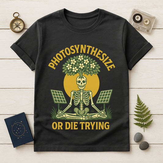 Photosynthesize or Die Trying T-Shirt – Botanical Skeleton, Solar Panels & Tree |  By Twistbug