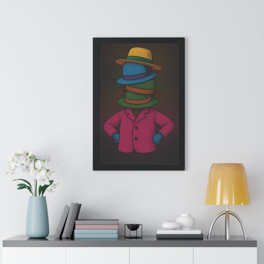 Many Hats Poster – Surreal Stacked Hat Character Wall Art Print